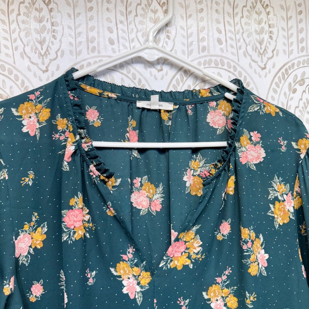 Maurices Floral Blouse Women XXL Teal Pink Yellow‎ Ruffle Neck Long Sleeve Top - Picture 2 of 7